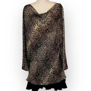 JENNIFER LAUREN Long Sleeve Cowl Neck Blouse Black & Brown Leopard Print Size 2X